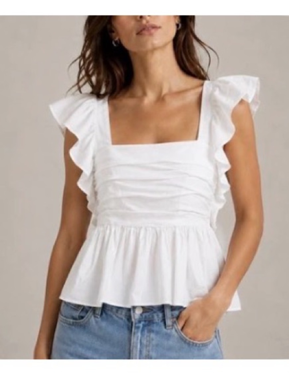 Cinq à Sept Ruffle Peplum Babydoll Square Neck Top Small White